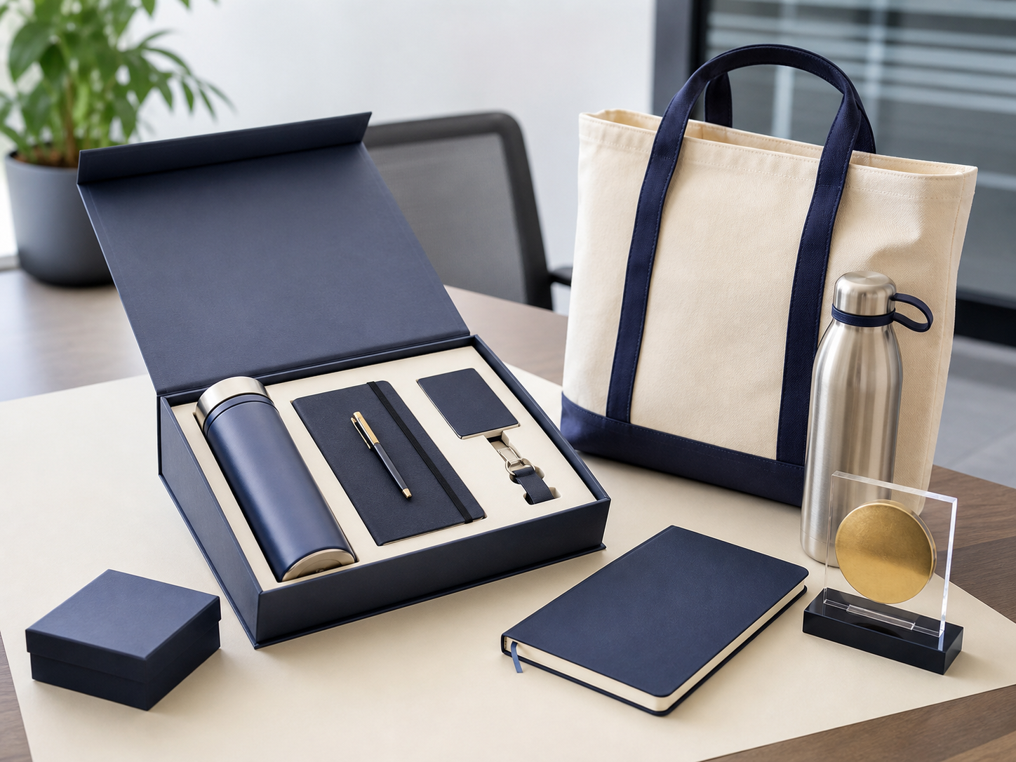 Corporate gifting kits with branded bags, boxes, drinkware, and notebooks for Bengaluru teams