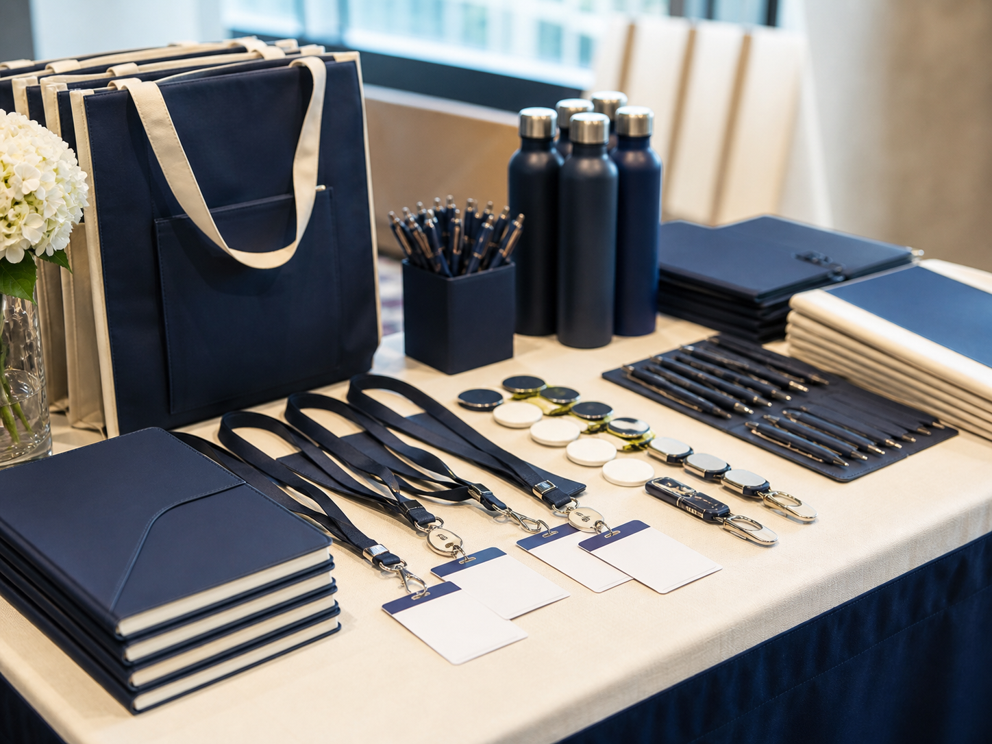 Corporate event merchandise, delegate kits, lanyards, bags, and branded giveaways